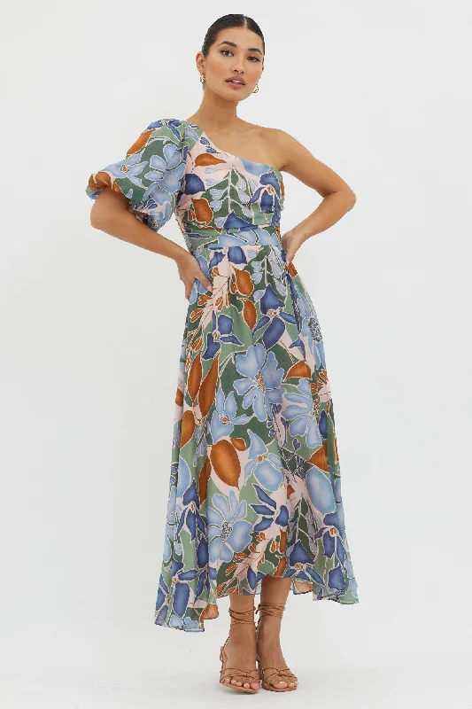 Jayni Puffed One Shoulder Midi Dress Blue Comfortable Ribbed Midi Dress