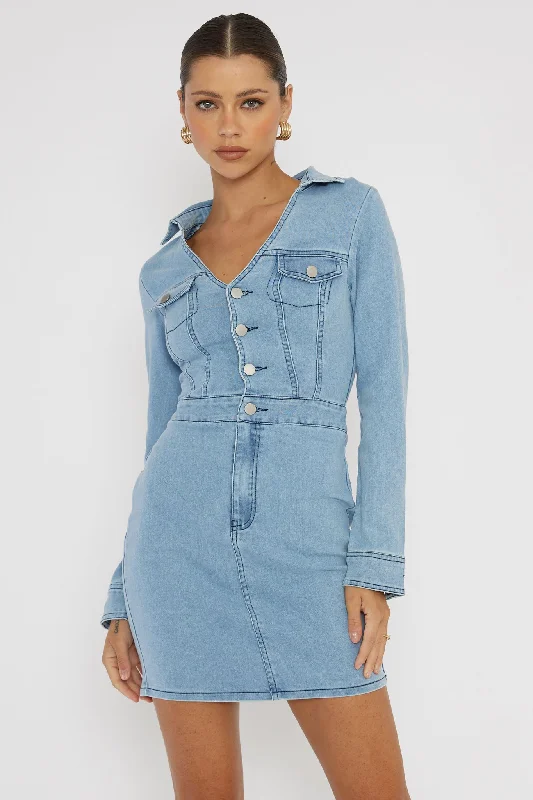 Jazelle Long Sleeve Mini Dress Denim Trendy A-Line Mini Dress