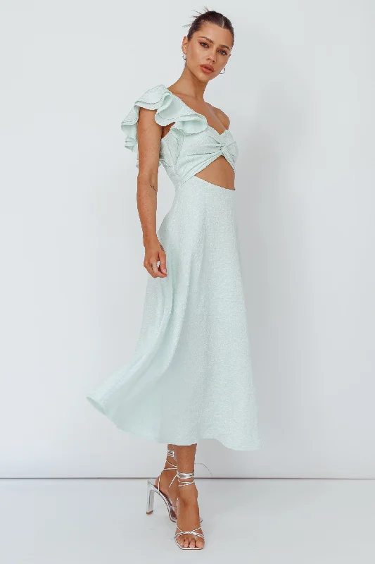 Jolina Ruffle Shoulder Midi Dress Mint Elegant Lace Trim Midi Dress