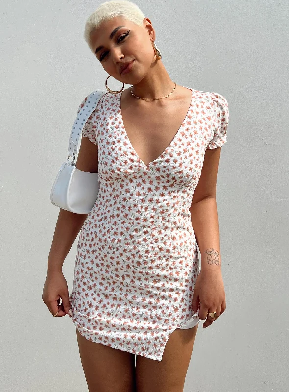 Kacey Mini Dress White Floral Cozy Ruched Mini Dress