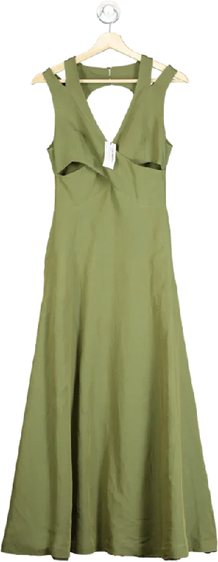 Karen Millen Khaki Open Back V Neck Woven Midi Dress UK 6