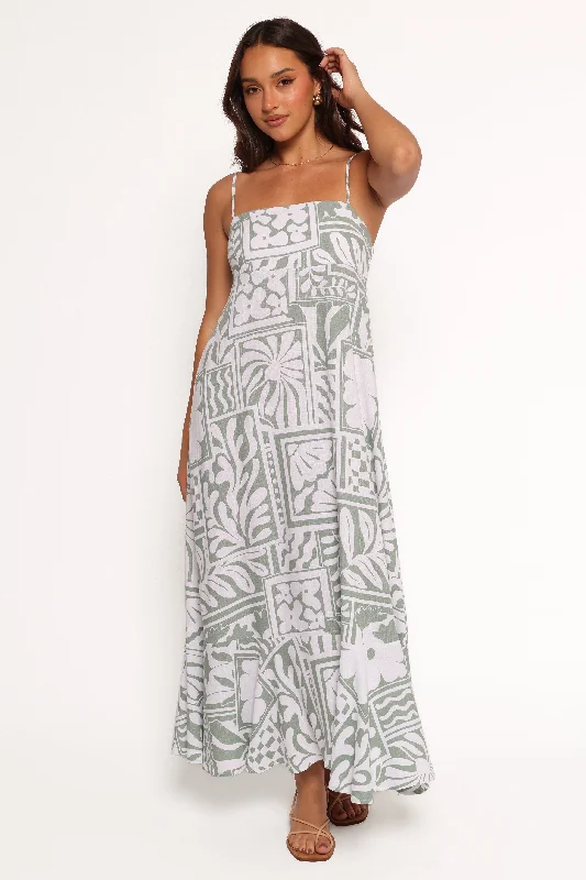 Kelsie Midi Dress - Sage Print Trendy Mock Neck Midi Dress