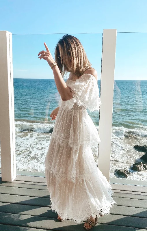 Lana Midi Dress ~ White Lace Trendy Ruffle Hem Midi Dress
