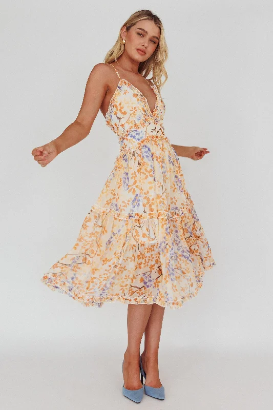 Laney Low Back Cami Strap Midi Dress Floral Orange Stylish Cold Shoulder Midi Dress