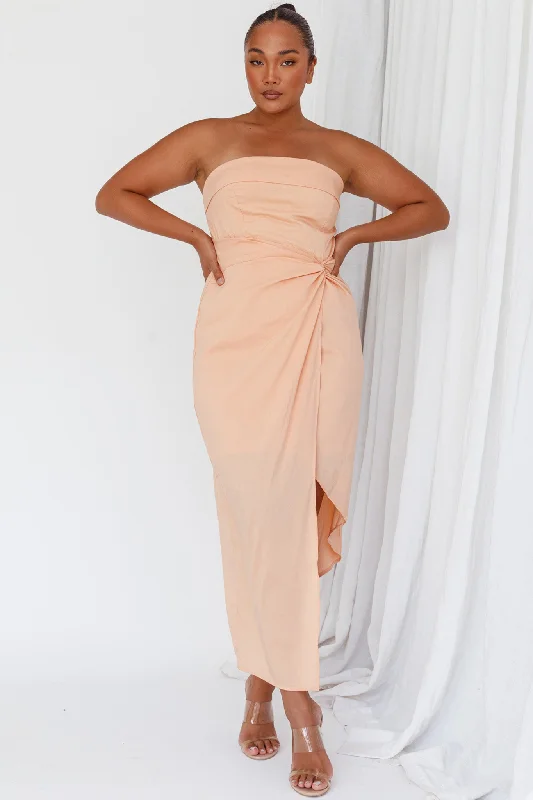 Last Looks Strapless Wrap Midi Dress Peach Chic Off-Shoulder Midi Dress
