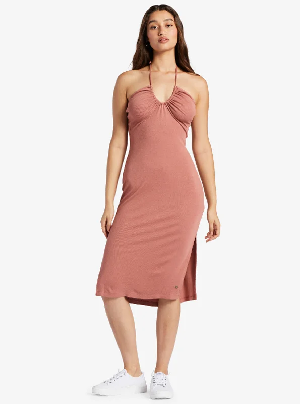 Late Sunset Halter Midi Dress - Cedar Wood Cozy Midi Dress with Pockets