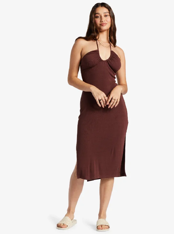 Late Sunset Halter Midi Dress - Bitter Chocolate Elegant Sleeveless Midi Dress