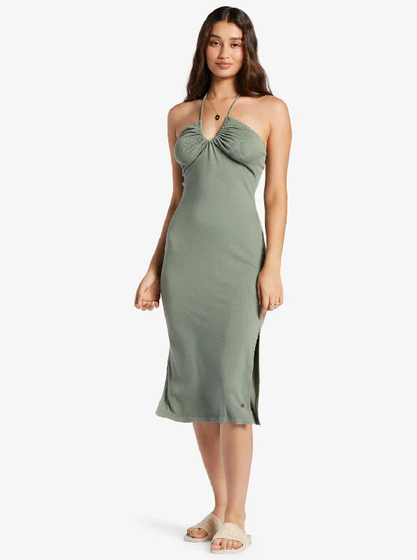Late Sunset Halter Midi Dress - Agave Green Elegant Floral Skirt Midi Dress