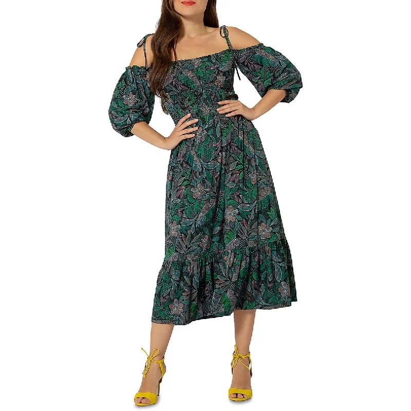 Leota Womens Kelly Off-the-Shoulder Printed Midi Dress