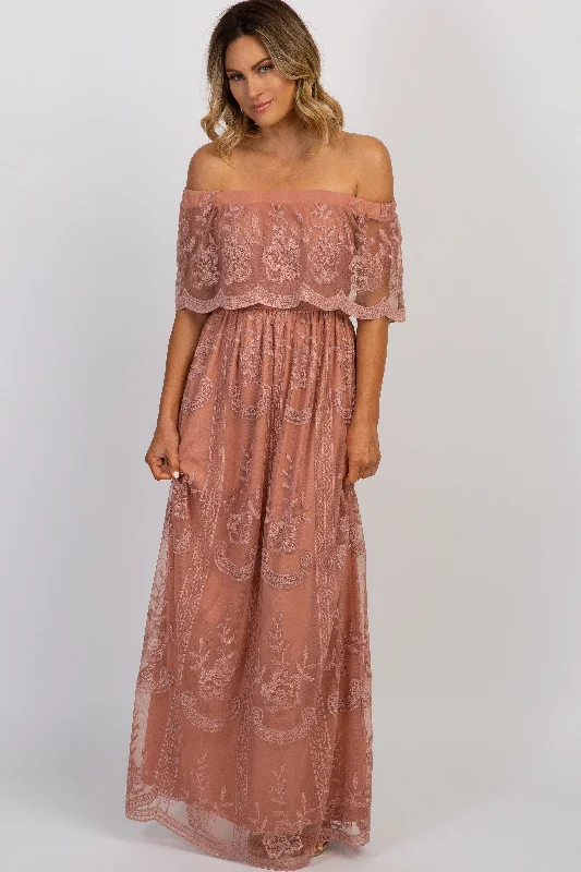 Light Pink Lace Mesh Overlay Off Shoulder Maxi Dress Trendy Maxi Dress with Bow