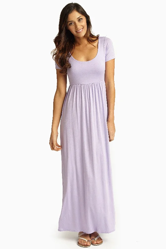 Lilac Solid Short Sleeve Maxi Dress Comfortable Maxi Dress with Sleeves