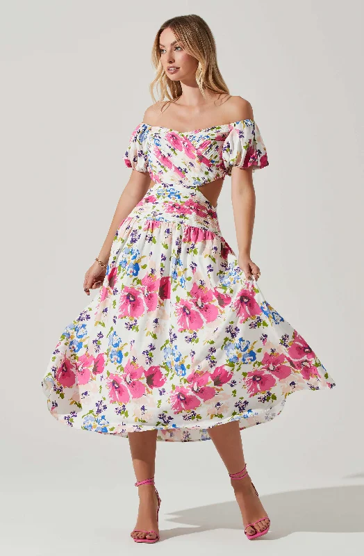 Liliosa Floral Off Shoulder Midi Dress Stylish Cold Shoulder Midi Dress