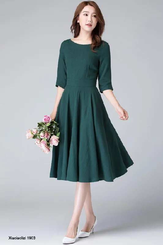 elegant fit and flare swing dress, linen midi dress  1903# Trendy Midi Dress with Belt