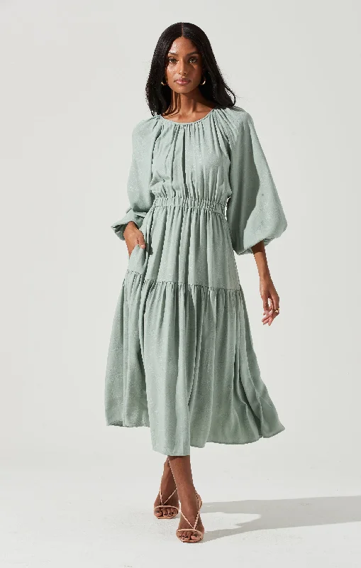 Long Sleeve Cinched Cutout Waist Tiered Midi Dress Cozy Wide Strap Midi Dress