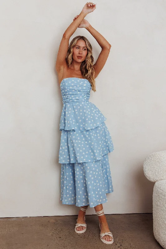 Lorcan Strapless Ruffle Dotted Midi Dress Blue Stylish Pleated Skirt Midi Dress