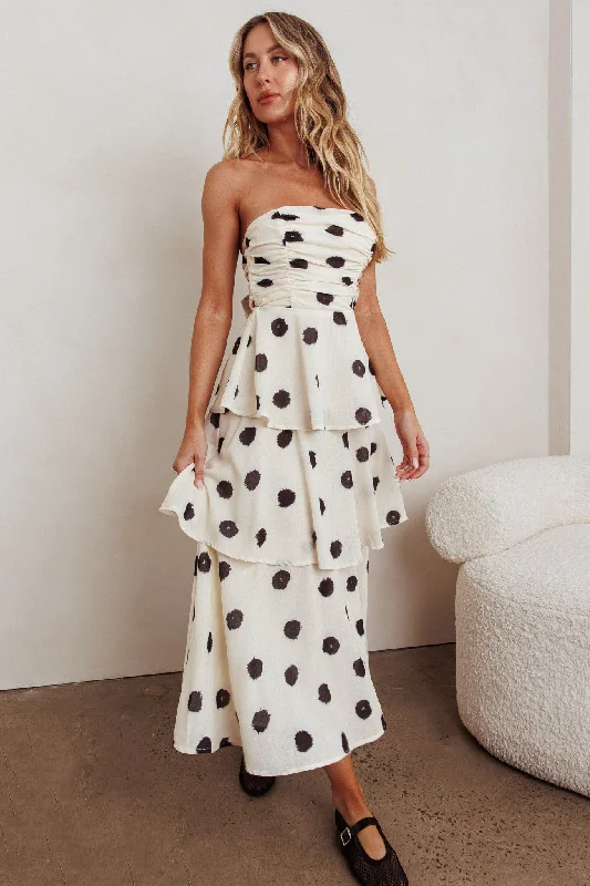 Lorcan Strapless Ruffle Dotted Midi Dress Oat Fashionable High-Neck Midi Dress