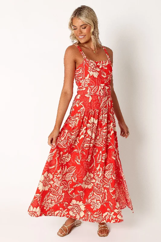 Loretta Belted Midi Dress - Red Floral Trendy Ruffled Sleeve Midi Dress