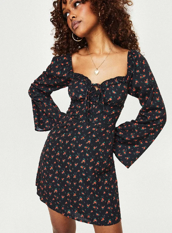 Love Birds Long Sleeve Mini Dress Black / Red Floral