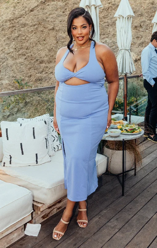 Luca Midi Dress ~ Periwinkle Stretch Elegant V-Neck Midi Dress