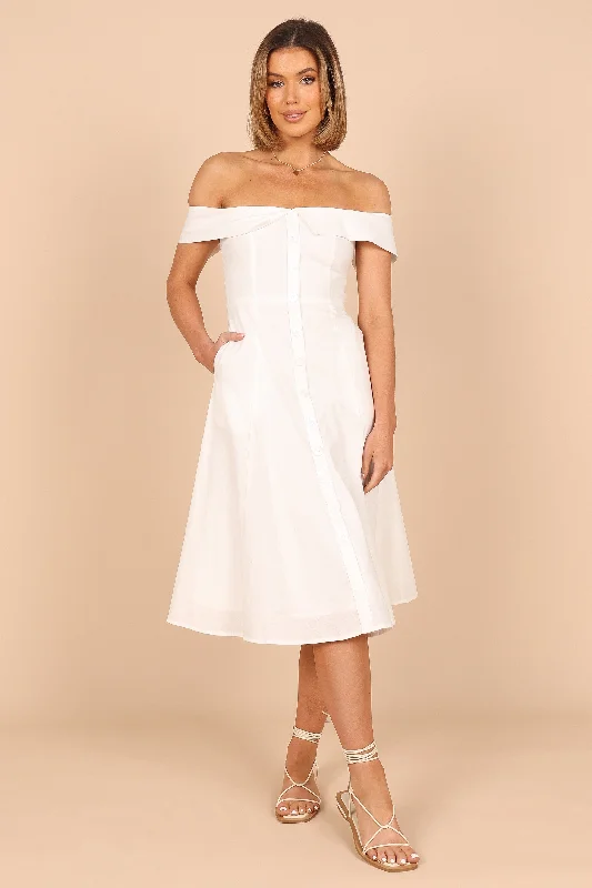 Lulu Off Shoulder Midi Dress - White Elegant Pleated Sleeve Midi Dress