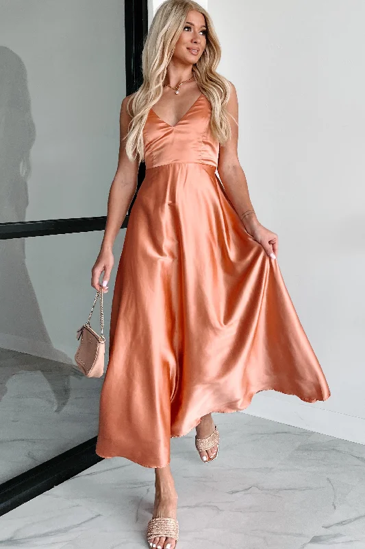 Luxurious Poise Satin Midi Dress (Light Rust) Stylish Long Sleeve Floral Midi Dress