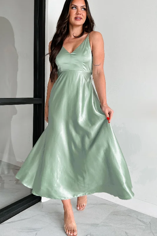 Luxurious Poise Satin Midi Dress (Pastel Sage) Trendy Flared Sleeve Midi Dress