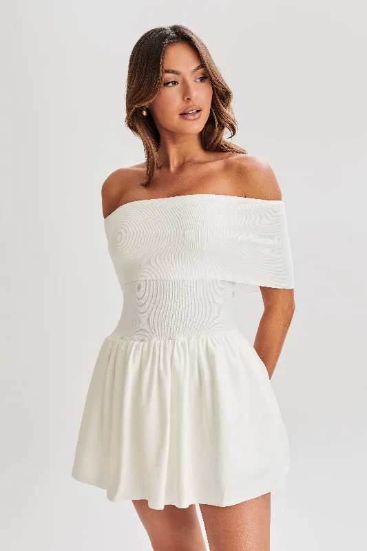 Lydia Off Shoulder Knit Mini Dress - White Comfortable Smocked Mini Dress