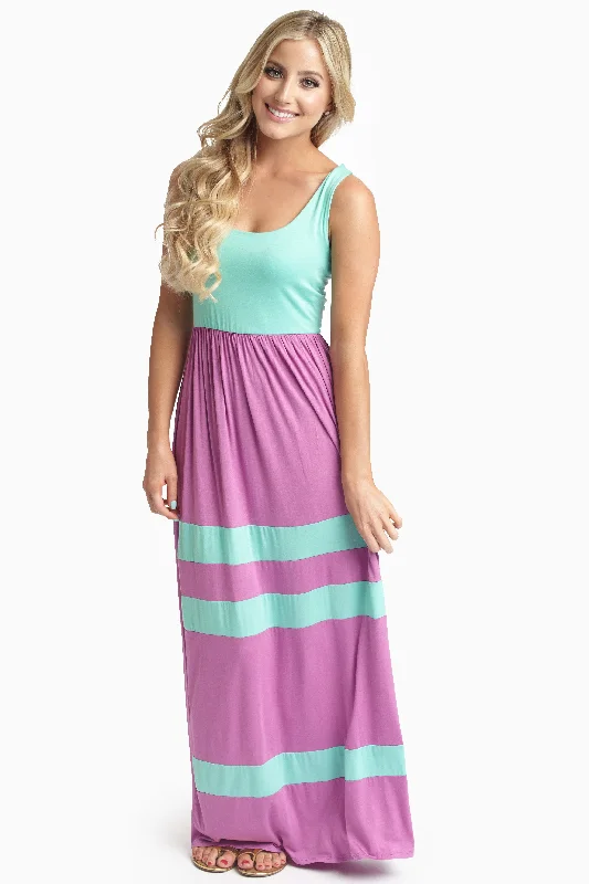 Magenta Mint Green Striped Bottom Colorblock Maxi Dress Comfortable Fitted Maxi Dress Magenta Mint Green Striped Bottom Colorblock Maxi Dress Comfortable Fitted Maxi Dress