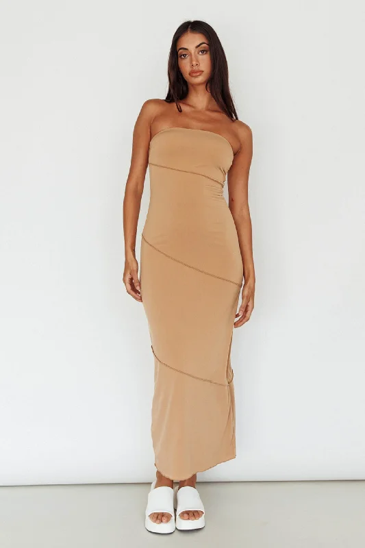 Making Headlines Strapless Midi Dress Camel Chic Lace Detail Midi Dress