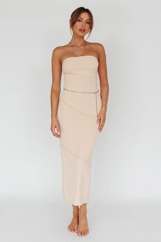 Making Headlines Strapless Midi Dress Cream Fashionable Polka Dot Midi Dress