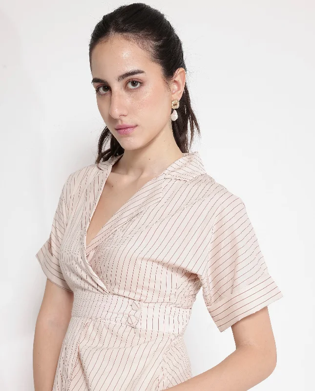 Rareism Women Margareto Beige Button Closure Short Sleeve Lapel Neck Fit And Flare Stripes Midi Dress Elegant Puff Sleeve Midi Dress
