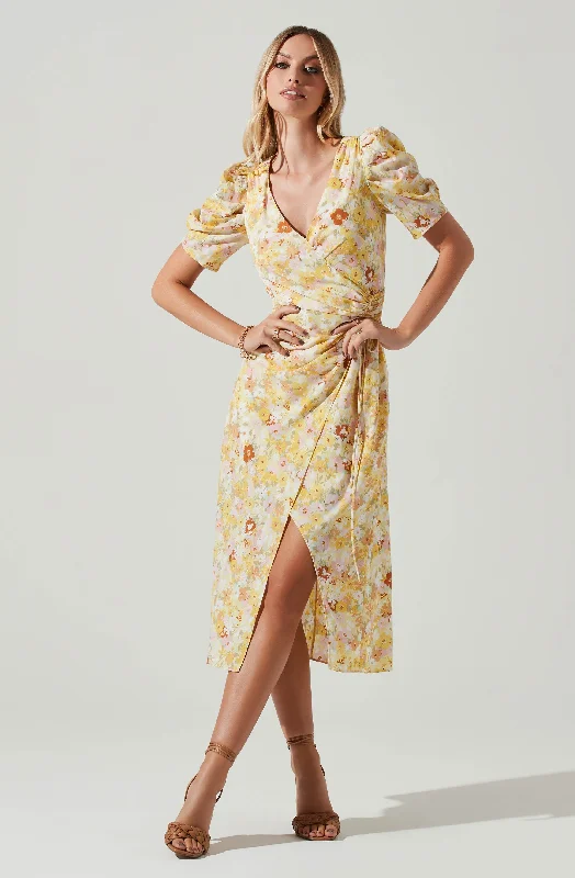 Martina Floral Ruched Midi Dress Comfortable Stretch Midi Dress