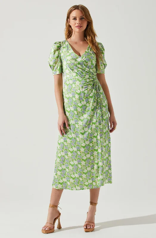 Martina Floral Ruched Midi Dress Fashionable High-Low Midi Dress
