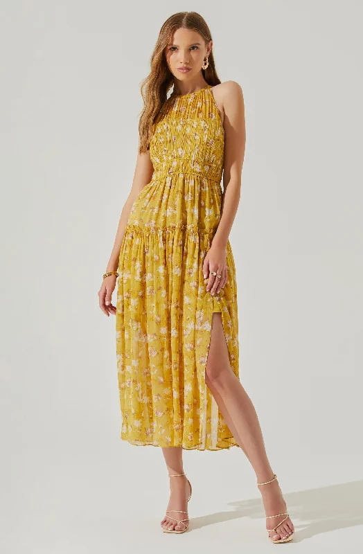 Maryam Floral Tie Neck Tiered Midi Dress Comfortable Button Front Midi Dress