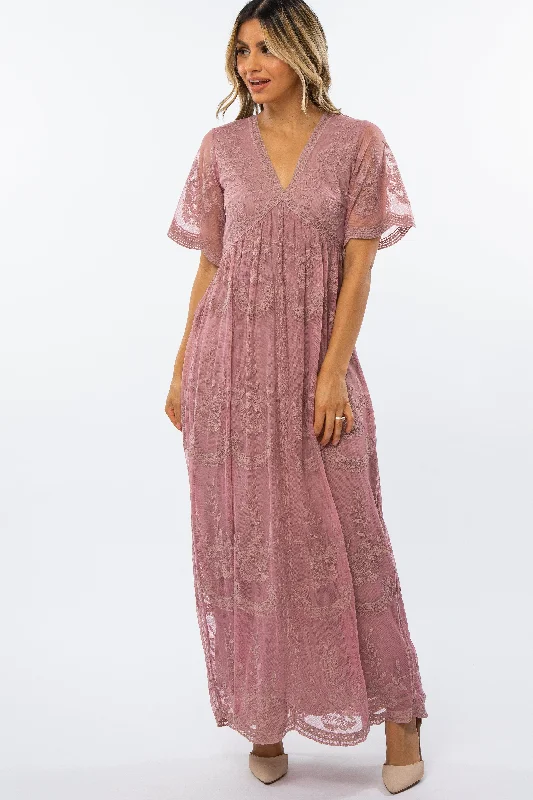Mauve Lace Mesh Overlay Maxi Dress Fashionable Layered Maxi Dress