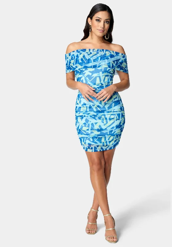 Mesh Off Shoulder Mini Dress Casual Mini Dress with Pockets