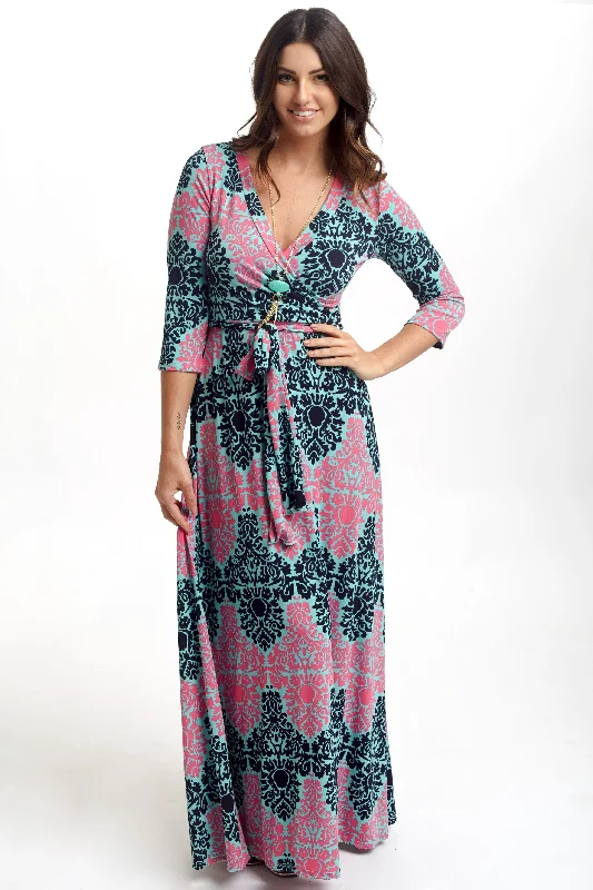 Mint Fuchsia Damask Draped 3/4 Sleeve Maxi Dress Trendy A-Line Maxi Dress
