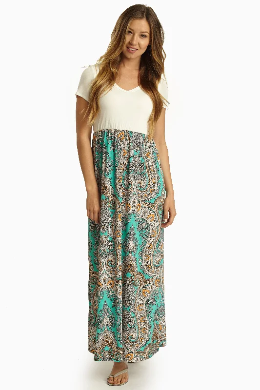 Mint Green Paisley Print Bottom Maxi Dress Comfortable Maxi Dress with Belt
