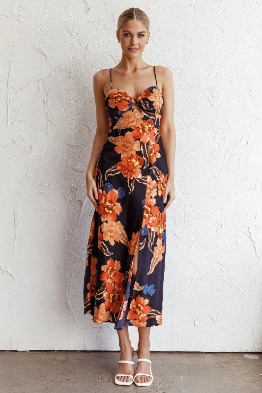 Missoula Cami Strap Padded Bust Midi Dress Flower Orange Fashionable High-Low Midi Dress