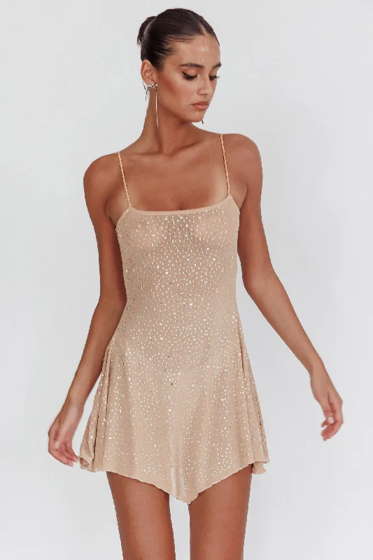 Moon Walker Sheer Rhinestone Mini Dress Nude Cozy T-Shirt Mini Dress