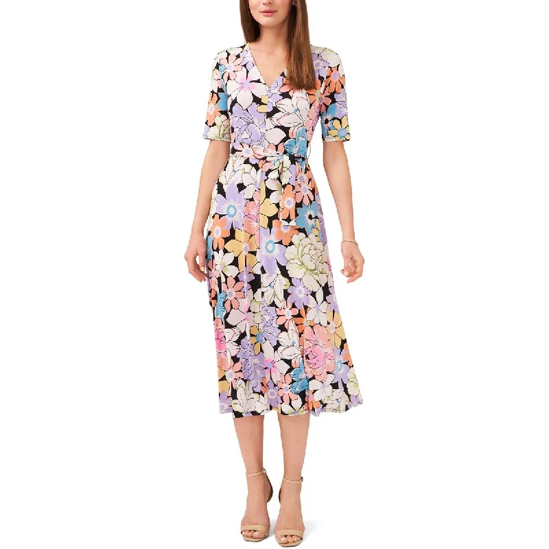 MSK Womens Floral Print Mid Calf Midi Dress