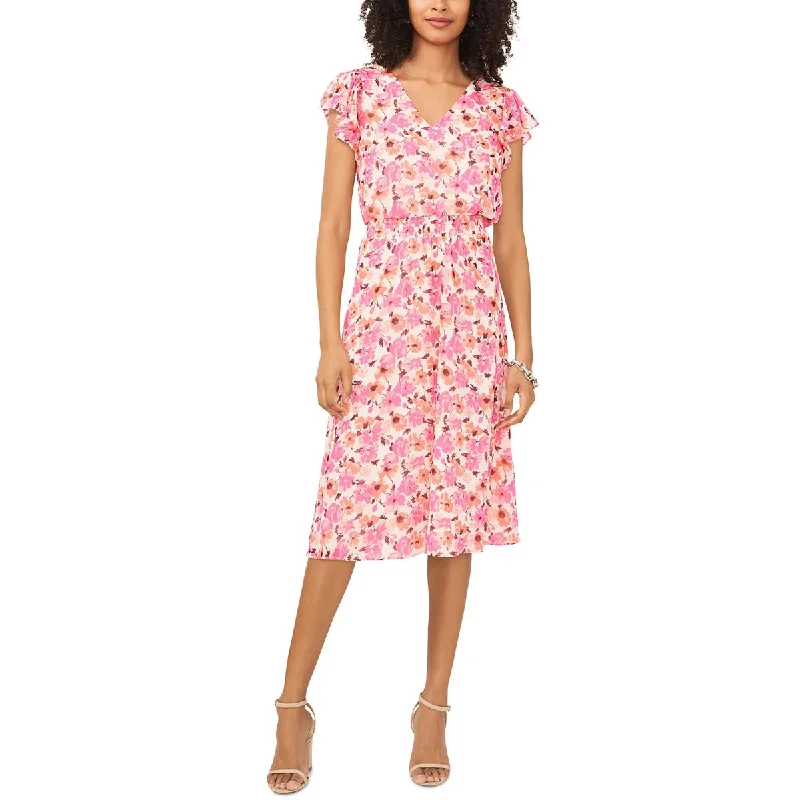 MSK Womens Floral Print V-Neck Midi Dress