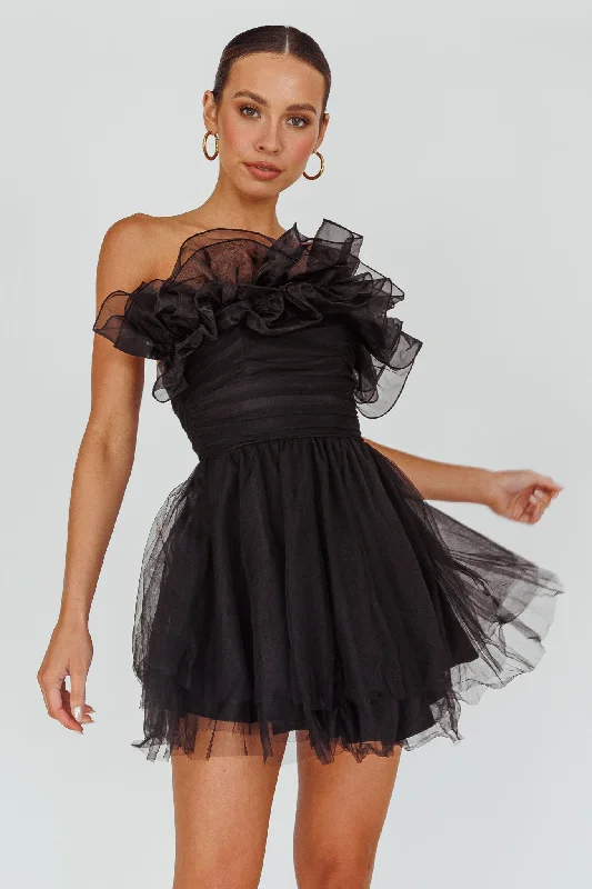 My Beloved Organza Frill Mini Dress Black Chic Tropical Mini Dress