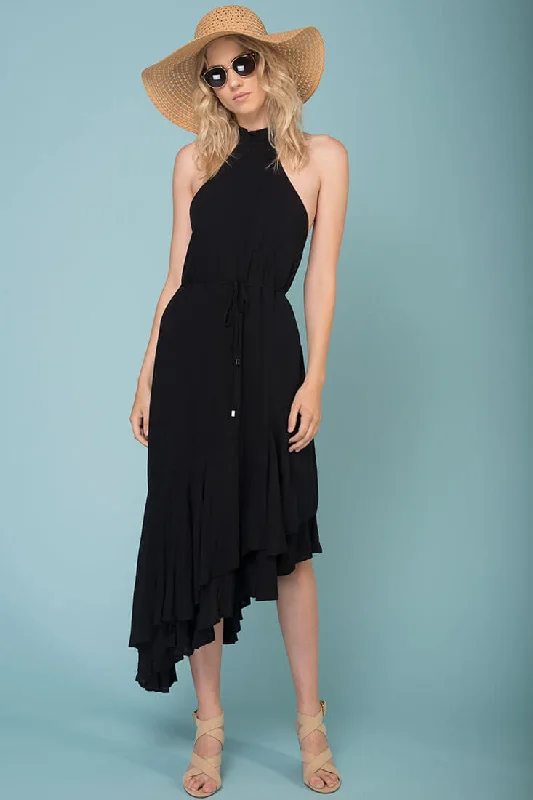 Myah Open Back Midi Dress Black Trendy Off-Shoulder Ruffle Midi Dress