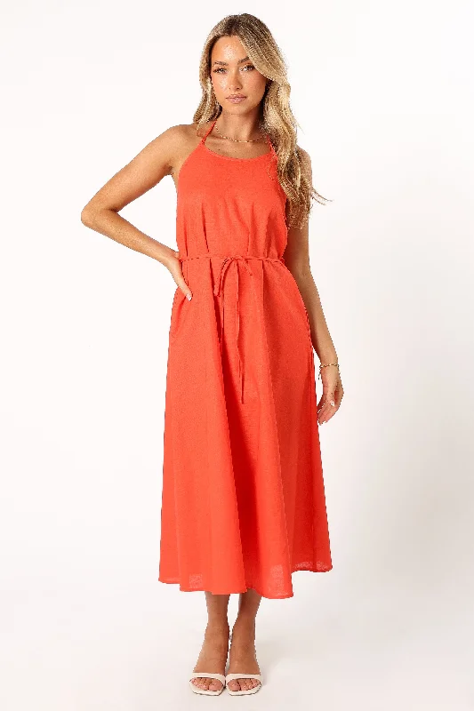 Nadine Halterneck Midi Dress - Coral Trendy Shift Midi Dress