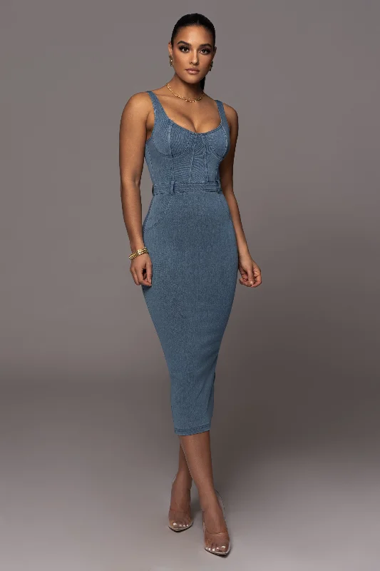 NAT & LIV x JLUXLABEL Denim Malika Midi Dress Comfortable Knitwear Midi Dress