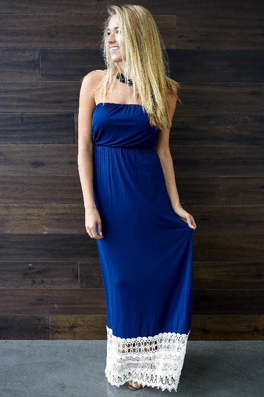 Navy Blue Crochet Trim Strapless Maxi Dress Comfortable Flowy Maxi Dress