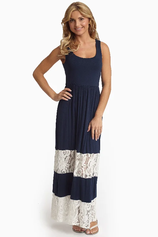 Navy Blue Lace Colorblock Maxi Dress Elegant Lace-Up Maxi Dress
