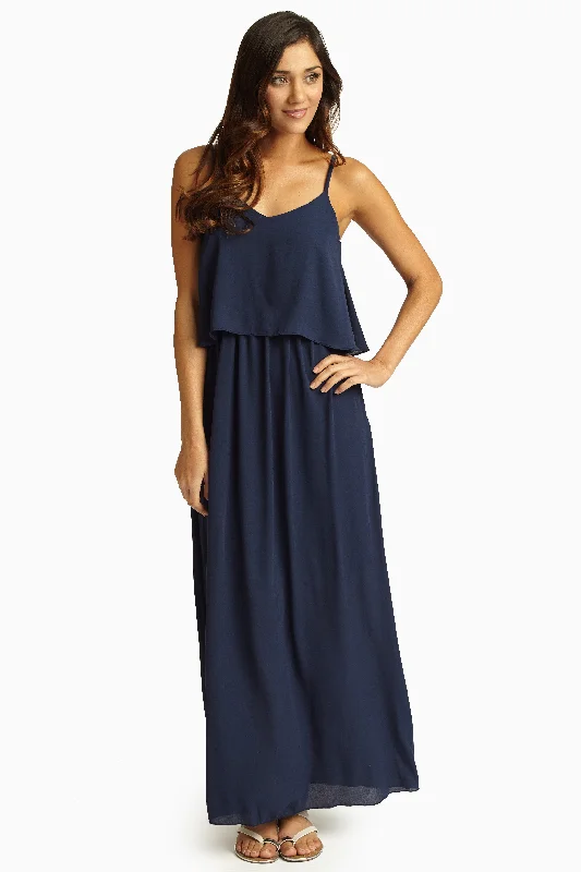 Navy Blue Overlay Chiffon Maxi Dress Fashionable Chiffon Tiered Maxi Dress