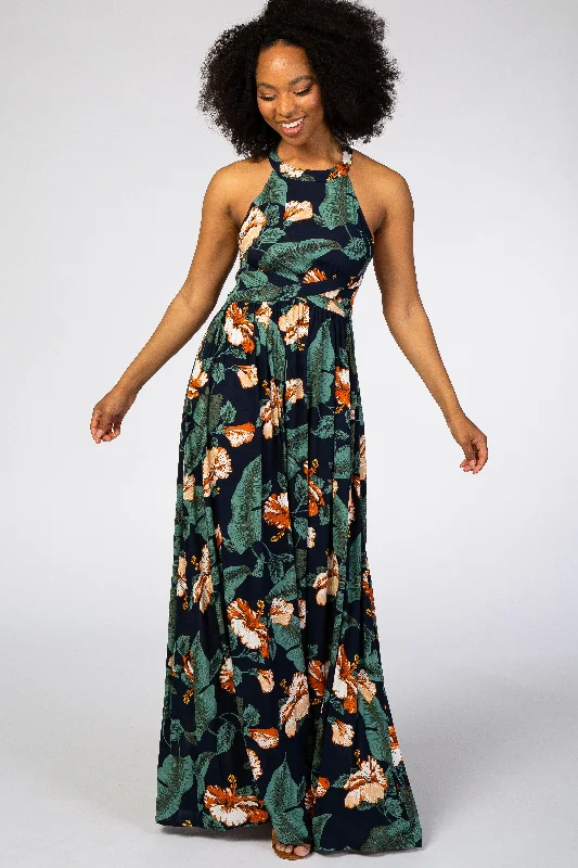 Navy Blue Palm Print Cross Back Maxi Dress Comfortable Bohemian Maxi Dress